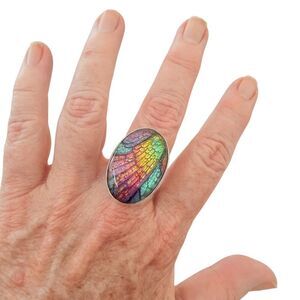 Rainbow Peacock Feather Doublet Ring 925 Silver Plated Size 12